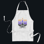 Metall Menorah Aprons Förkläde<br><div class="desc">Digital Chanukah-konst - hamrade metall-menorah med mönstrade lila ljus,  allt brinner.</div>