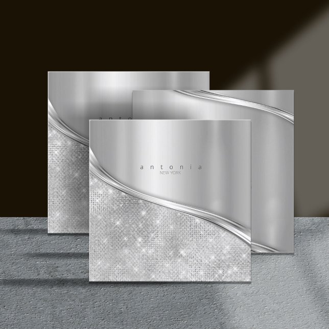 Metall och Glitter Wave Silver Sq ID807 Fyrkantigt Visitkort (Skapare uppladdad)