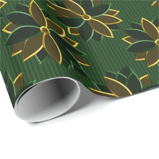 Metall Poinsettia Flowers 12, Grönt-Guld-GIFT WRAP Presentpapper (Rullad Hörn)