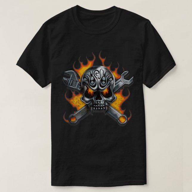 Metall Skull Wrench Flames Mechanic Manar T Shirt (Design framsida)