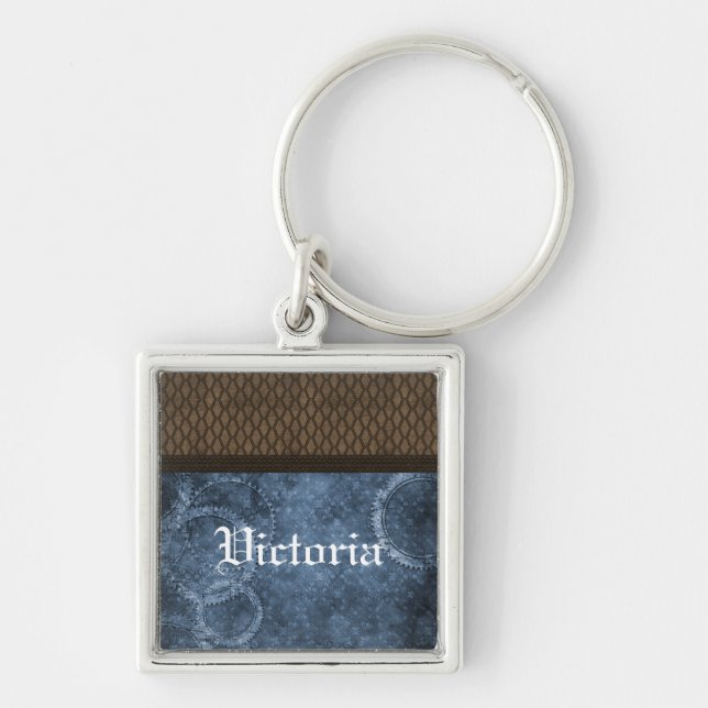 Metall, Steampunk Premium Keychain, Blue Fyrkantig Silverfärgad Nyckelring (Framsidan)