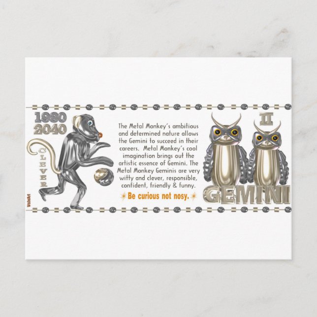 Metallapa stjärntecken född tvillingarna 1980 vykort (Framsida)