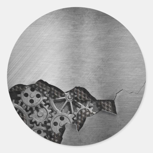 Metallbakgrund med mekanisk skada runt klistermärke (Framsida)