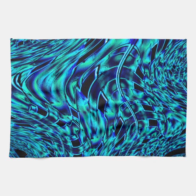 Metalleffekt med beskurna blå bilder och grönt kökshandduk (Horisontell)