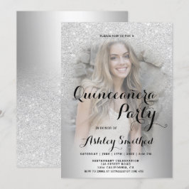 Metallfoto av silver glitter Quinceañera Inbjudningar