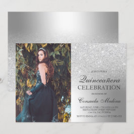 Metallfoto av silver glitter Quinceañera Inbjudningar