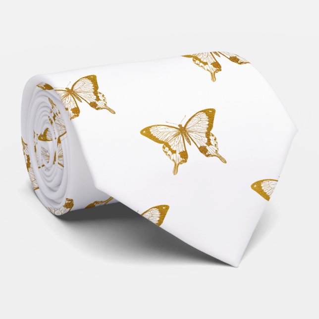 Metallgulfenad eldningsolja, butterflies på vit slips (Rullad)