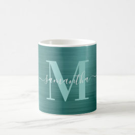 Metallic Aqua Teal Namnteckning Monogram Kaffemugg