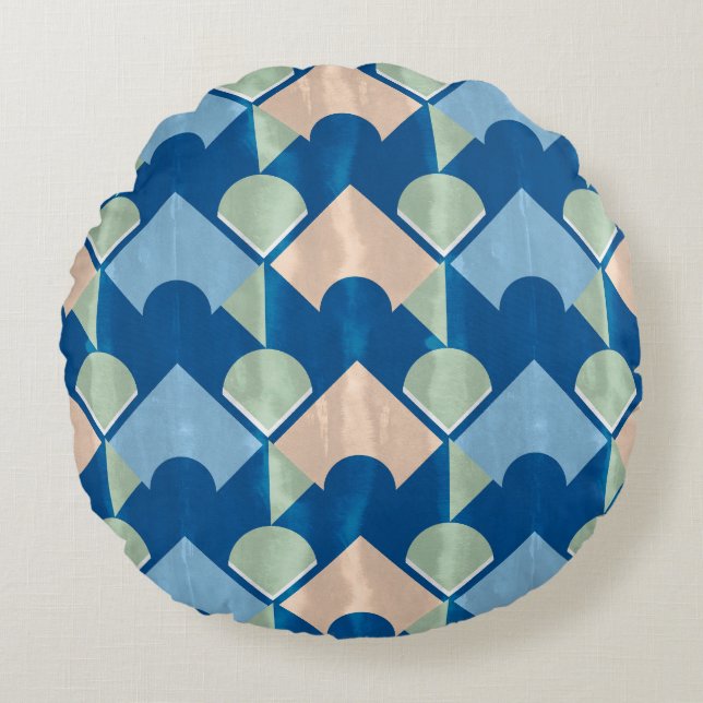 Metallic blue geometric diamond shapes  rund kudde (Framsidan)