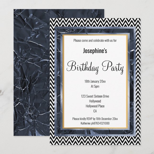 METALLIC FOIL BLUE LAGRAR CHEVRON BIRTHDAY INBJUDNINGAR (Fram/baksida)