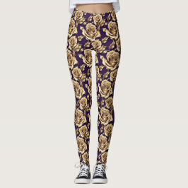 Metallic Gold Roses On A Matte Deep Purple  Leggings