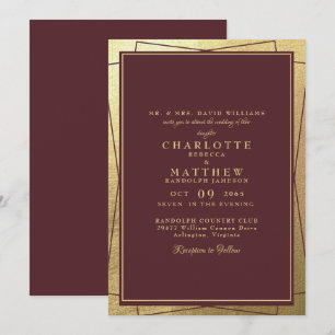 Metallic Golden Elegance & Burgundy Bröllop Inbjudningar
