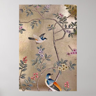Metallic Golden Garden Chinoiserie med Sång Birds Poster