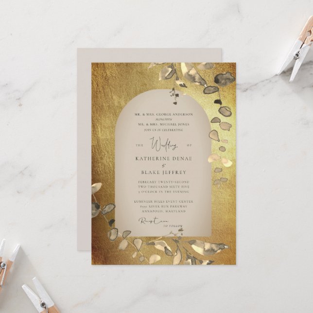 Metallic Guld & Beige Geometric Foliage Bröllop Inbjudningar (Fram/Back In Situ)