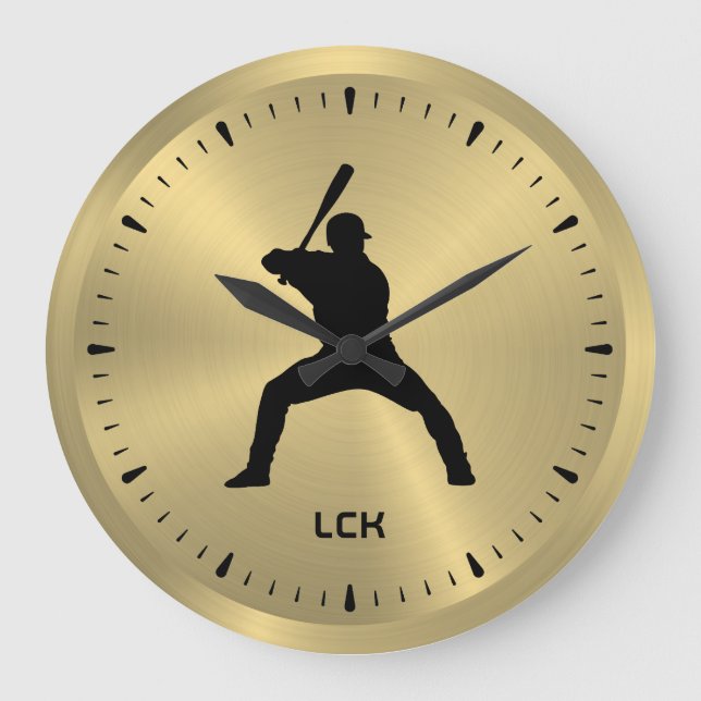 Metallic Guld Black Baseball Player Silhouette Stor Klocka (Framsida)