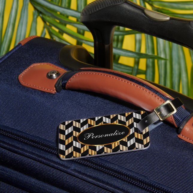 Metallic Guld & Black Herringbone | Anpassa Bagagebricka (Framsida Insitu 3)