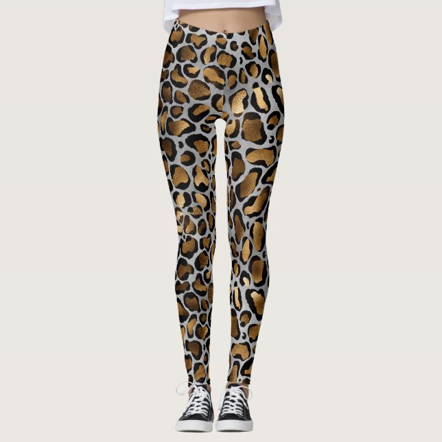 Metallic Guld & Black Leopard Spots on White Leggi Leggings (Framsida)