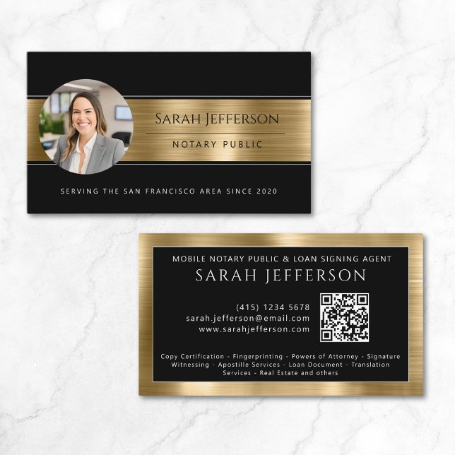 Metallic Guld Black Photo QR Notary Public Visitkort (Metallic Gold Black Photo QR Notary Public Business Card)