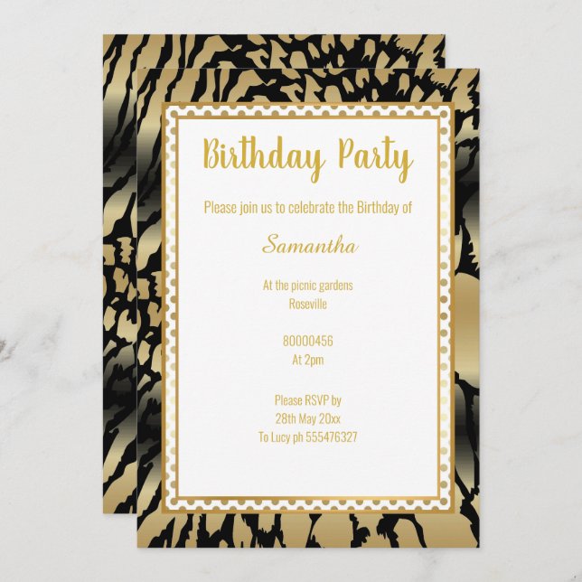 METALLIC GULD BLACK SPOT ANIMAL PRINT BIRTHDAY INBJUDNINGAR (Fram/baksida)