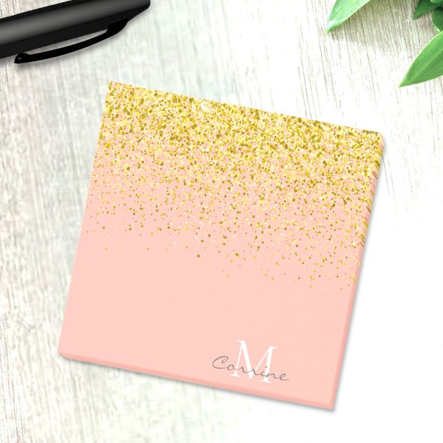 Metallic Guld Glitter Rain + Ro Quartz Monogram Post-it Block (Skapare uppladdad)