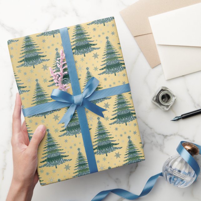 Metallic Guld Grönt Julgranar Mönster Presentpapper (Gifting)