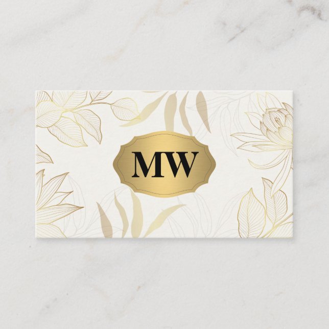Metallic Guld | Monogram | Blommönstret elegant Visitkort (Framsida)
