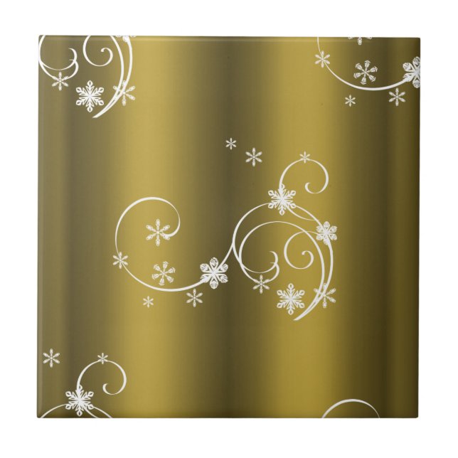 Metallic Guld, Vit Swirls-jul Kakelplatta (Framsidan)