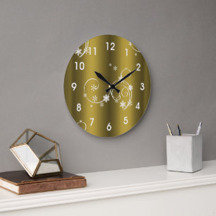 Metallic Guld, Vit Swirls-jul Stor Klocka