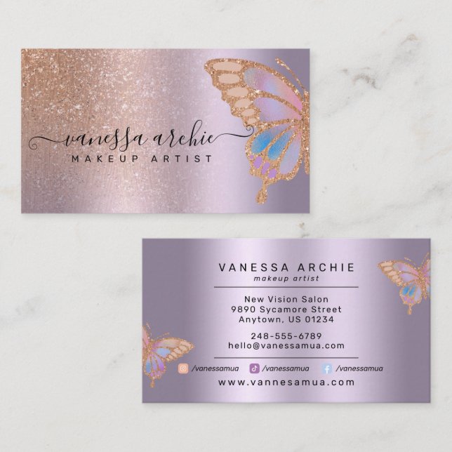 Metallic Lavender Foil Butterfly ro Glitter Visitkort (Fram/baksida)