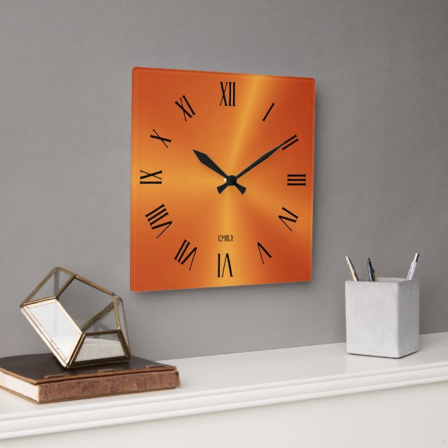 Metallic Orange Background Roman Numerals Fyrkantig Klocka (Kontor)