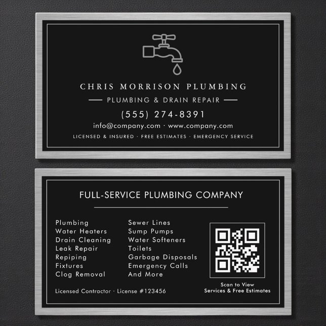 Metallic QR Code Plumbing Services Black Silver  Visitkort (Skapare uppladdad)