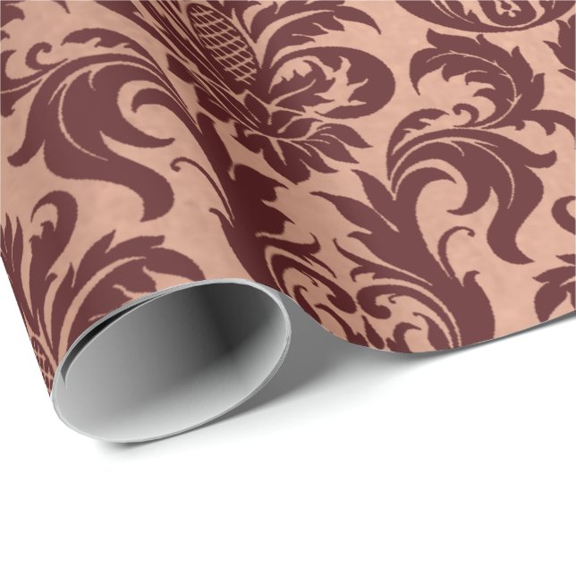 Metallic Ro Guld Copper Burgundy Maroon Damask Presentpapper (Rullad Hörn)
