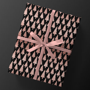 Metallic Rose Gold Christmas Trees on Black Gift Presentpapper