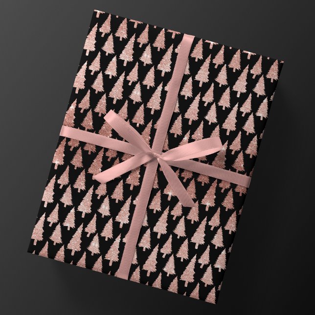 Metallic Rose Gold Christmas Trees on Black Gift Presentpapper (Skapare uppladdad)