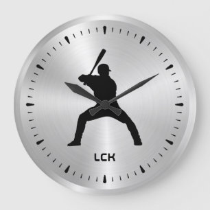 Metallic Silver Black Baseball Player Silhouette Stor Klocka