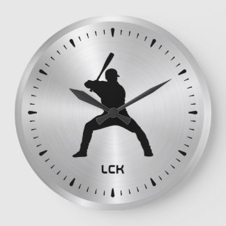 Metallic Silver Black Baseball Player Silhouette Stor Klocka