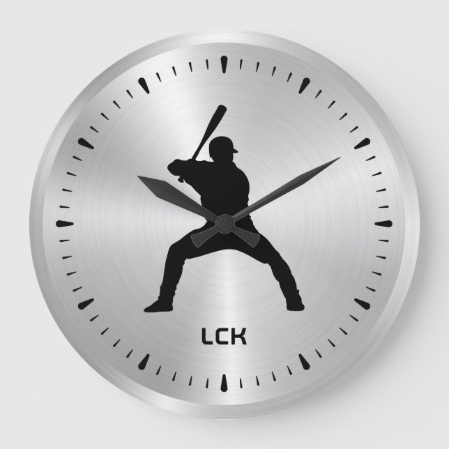 Metallic Silver Black Baseball Player Silhouette Stor Klocka (Framsida)