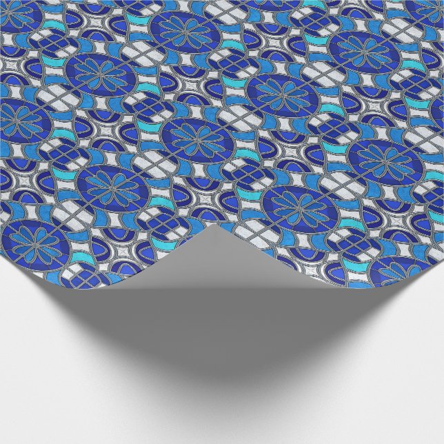 Metallic Silver, Blue Shades Stained Glass Style Presentpapper (Hörn)