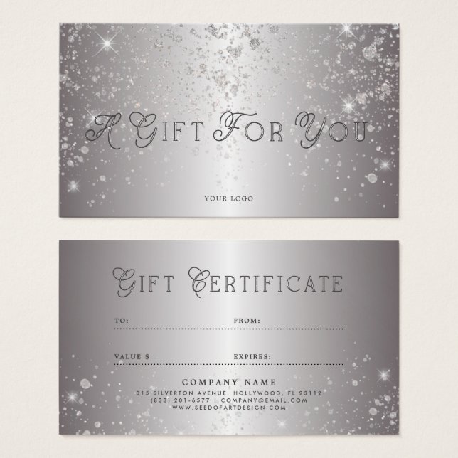 Metallic Silver Business Gift Certificate Visitkort (Framsida & baksida)