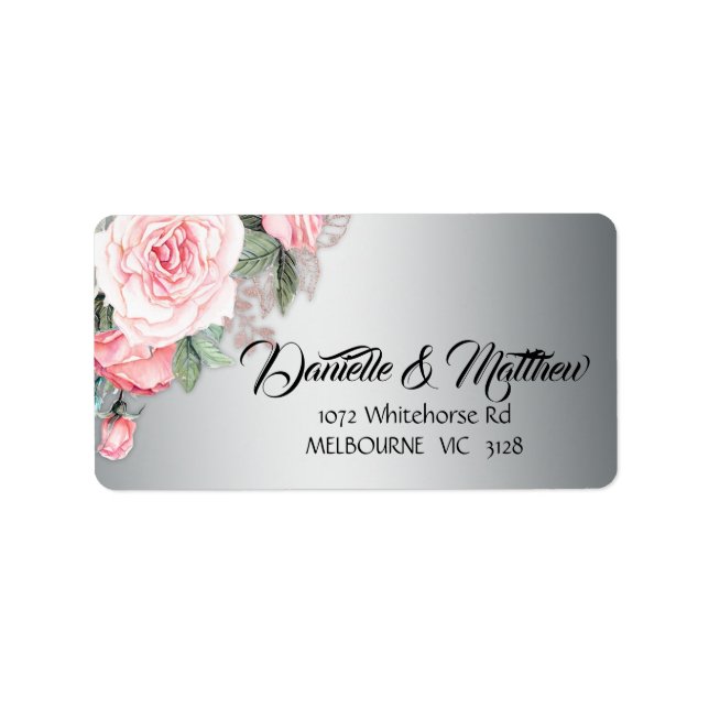 Metallic Silver och Rosa ros Bouquet Blommigt Adressetikett (Framsidan)