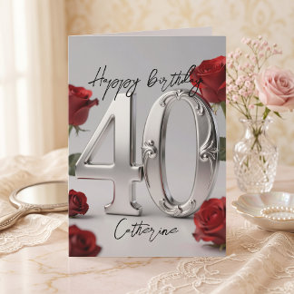 Metallic Silver Red Roses Milestone 40th Birthday Kort