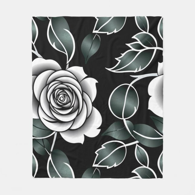 Metallic Silver Roses With Dark Green Leaves Fleecefilt (Framsidan)