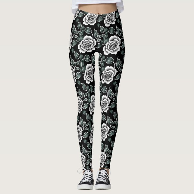 Metallic Silver Roses With Dark Green Leaves Leggings (Framsida)