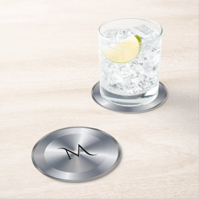 Metallic silver texture personalized monogram underlägg papper rund (Insitu)