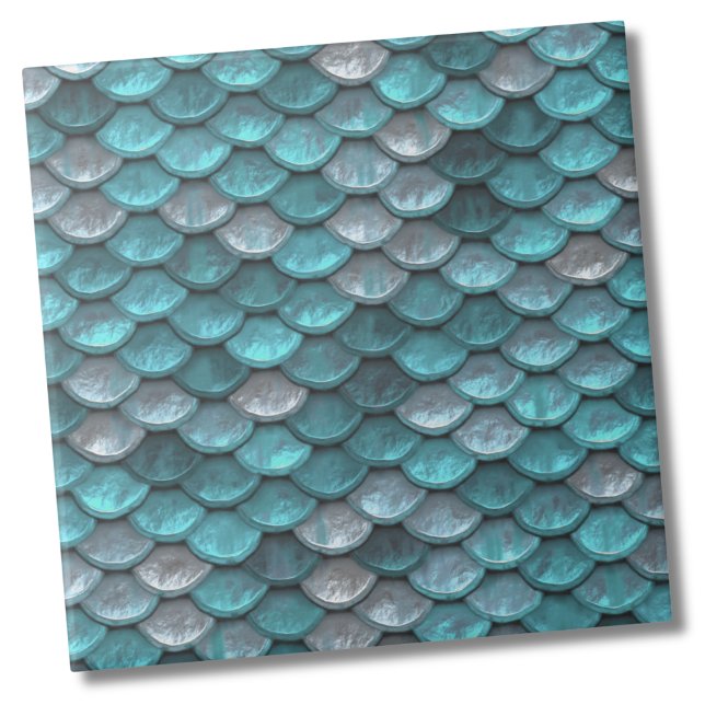 Metallic Teal Mönster Kakelplatta (Metallic Silver Light Teal Mermaid Scales Pattern Ceramic Tile)