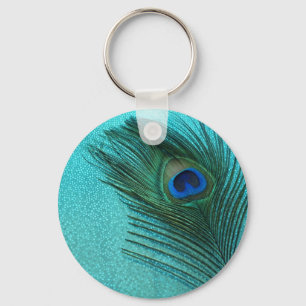 Metallisk akvaträd Blå peacock Feather Nyckelring
