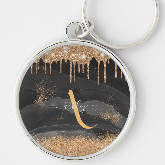 Metallisk Anpassningsbar av guld-Glitter-monogram Rund Silverfärgad Nyckelring (Framsidan)