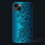 Metallisk Aqua Blue med svart Paisley Snöre<br><div class="desc">Black aqua blue metallic design borzed aluminium look with black blommigt paisley snöre.</div>