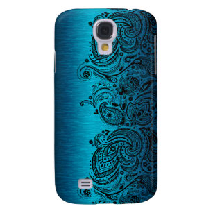 Metallisk Aqua Blue med svart Paisley Snöre Galaxy S4 Fodral