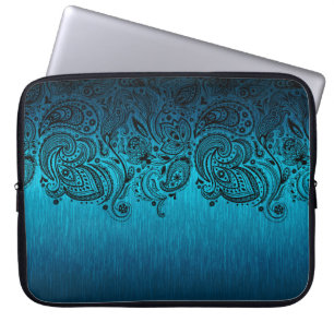 Metallisk blå bakgrund med svart Paisley Snöre Laptop Sleeve